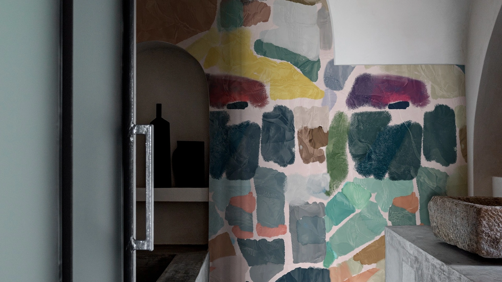 Carta da parati impermeabile da interno Dedalo con grafica geometrica ispirata all'estetica urbana di Wall&Decò