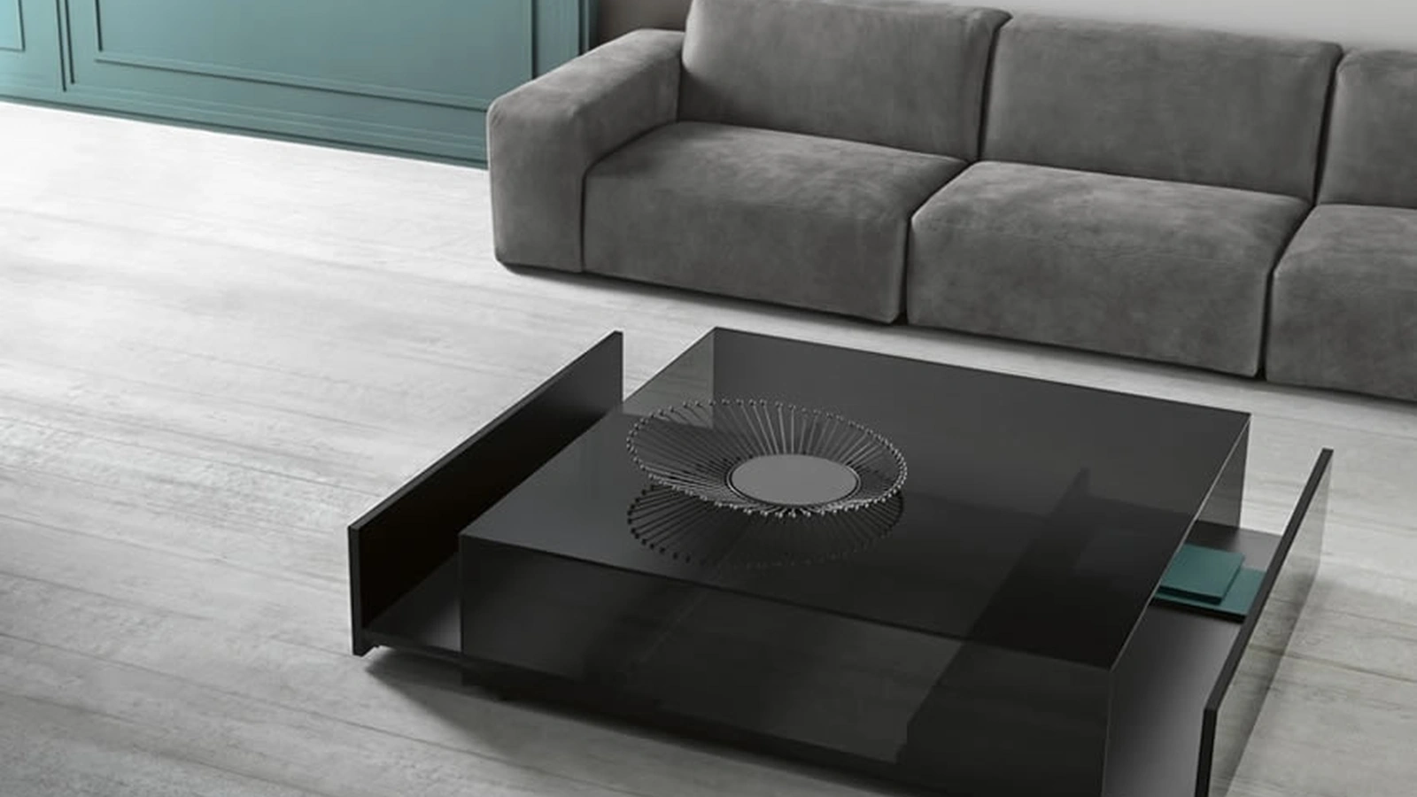 Tavolino in vetro con cassetti interni in legno Gotham di Tonelli
