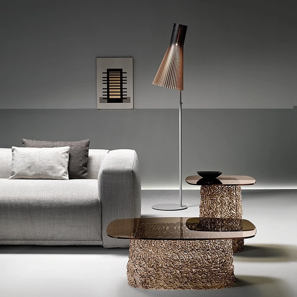 Tavolino Macramè in vetro bronzo con base in vetro filato intrecciato di Fiam