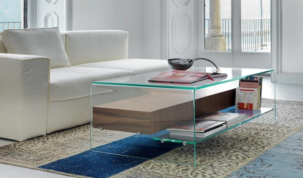 Tavolino Bridge with drawer and shelf in vetro curvato trasparente e cassettiera in Noce di Sovet