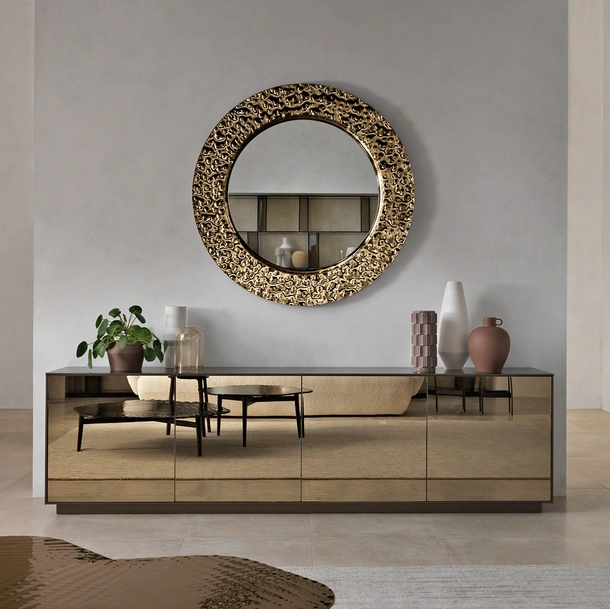 Specchio tondo Venus con cornice in vetro fuso con decoro artistico in rilievo di Fiam