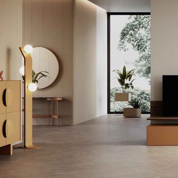 Lampada LED da terra Brand Floor in metallo con globi in metacrilato satinato di Ronda Design