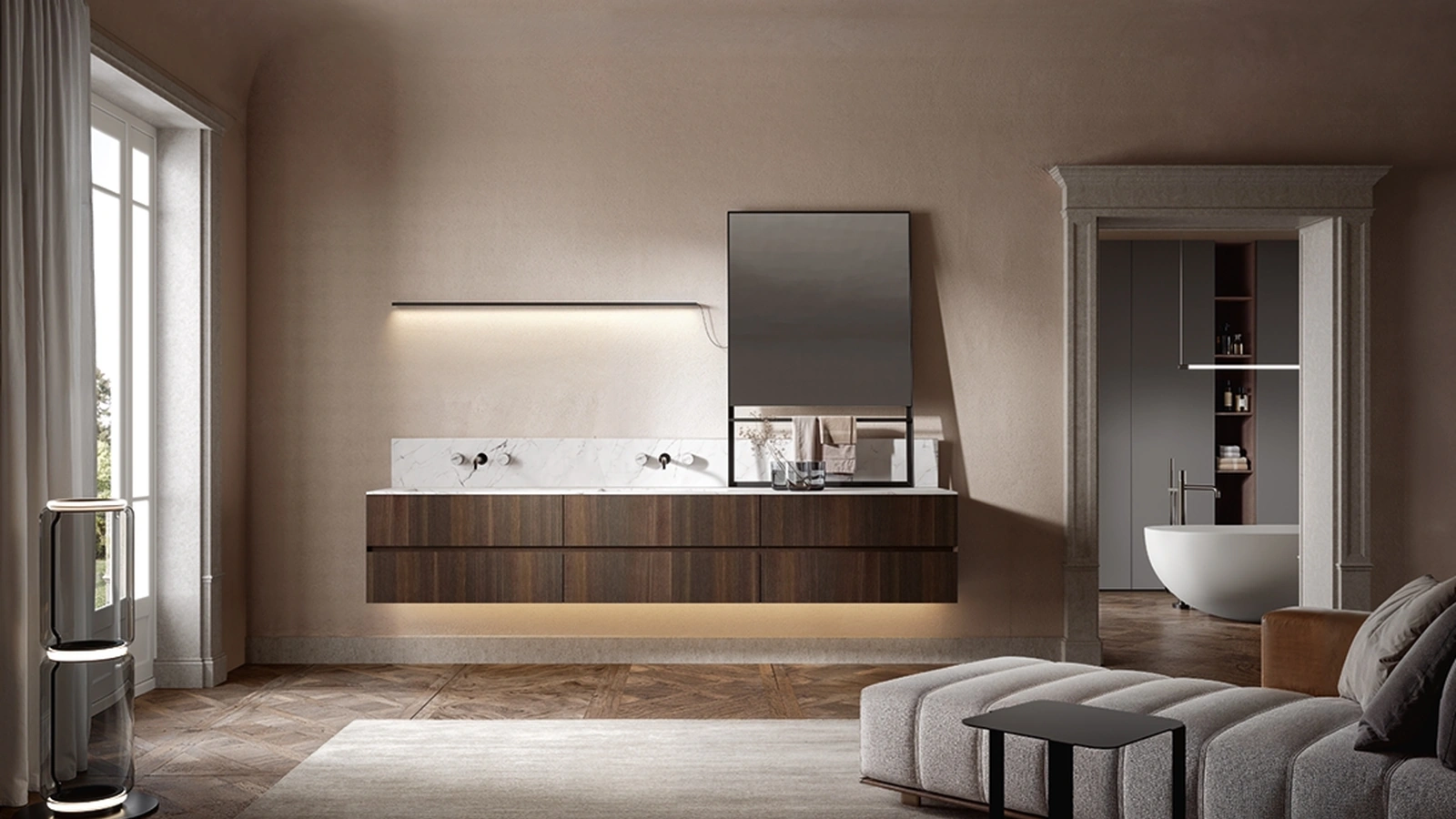 Mobile da Bagno sospeso Artemide 01 in rovere termotrattato di Edoné