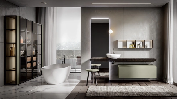 Mobile da Bagno sospeso Chrono 2302 laccato opaco Argilla con top Vela in Castagno tinto Fuliggine di Edoné