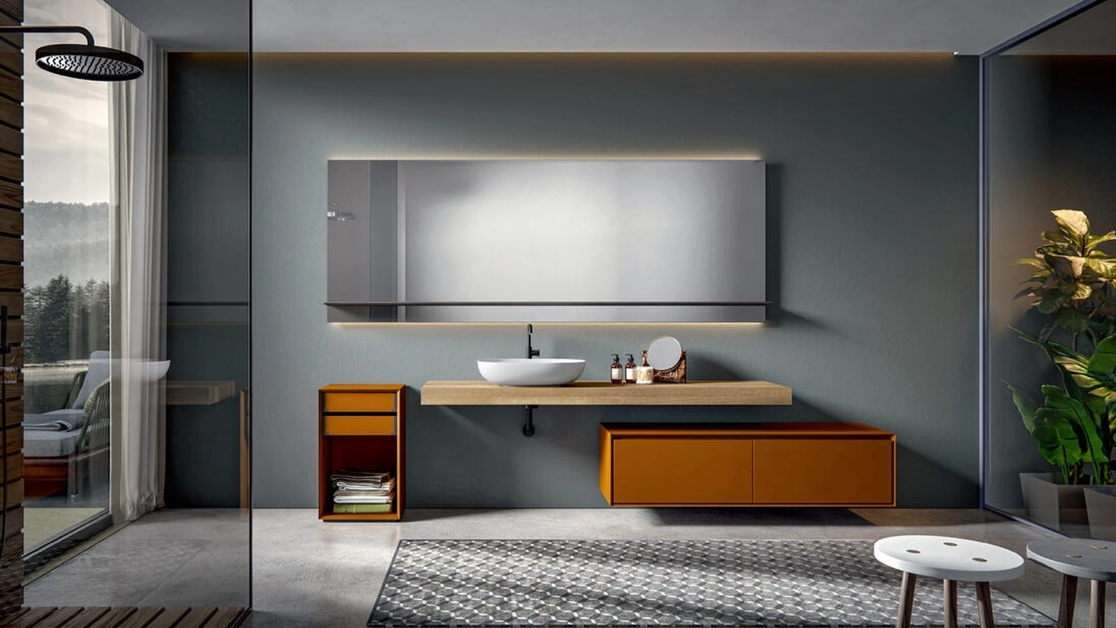 Mobile da Bagno sospeso laccato Ruggine opaco con consolle Castagno tinto Naturale Crio 005 di Edoné