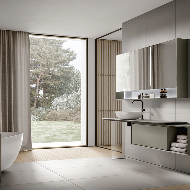 Mobile da Bagno sospeso Crio 2309 laccato opaco Talpa con top in Laminam Pietra Piasentina di Edoné