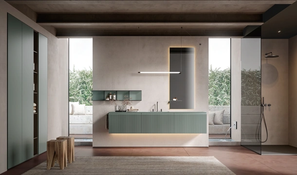 Mobile da Bagno sospeso Eros 03 in polimerico cannettato laccato lago di Edoné