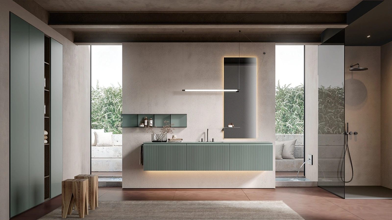 Mobile da Bagno sospeso Eros 03 in polimerico cannettato laccato lago di Edoné