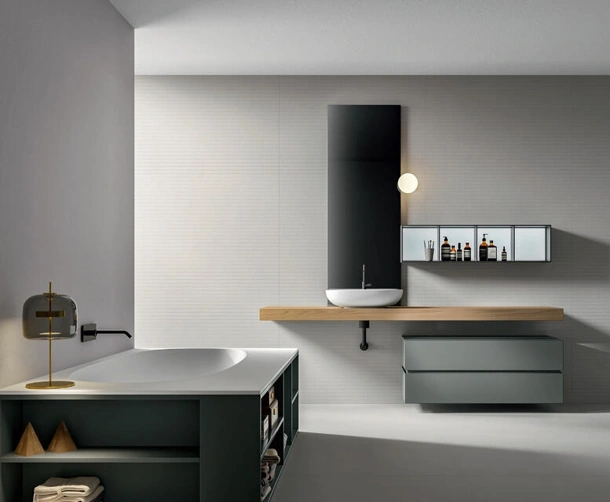 Mobile da Bagno Nike 2322 laccato opaco Peltro con top in Castagno tinto Naturale di Edoné