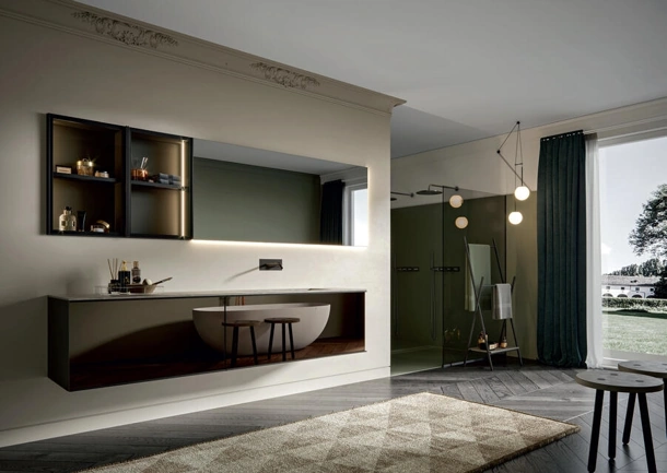 Mobile da Bagno sospeso con frontale specchio Fumè e struttura laccato opaco Asfalto con telaio in alluminio Rea 007 di Edoné