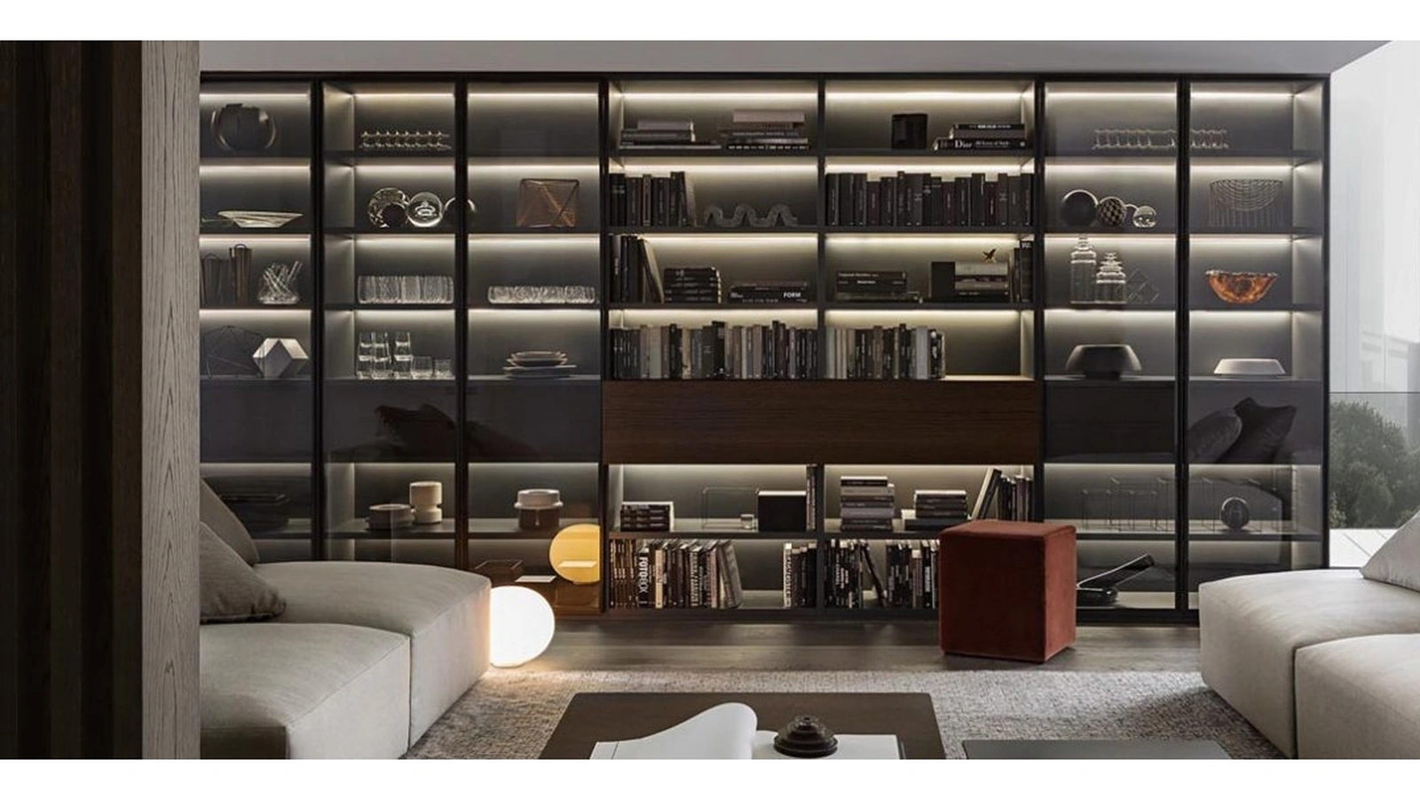 Libreria Flexus composizione 03 in Rovere termocotto e vetro fumé di Giellesse