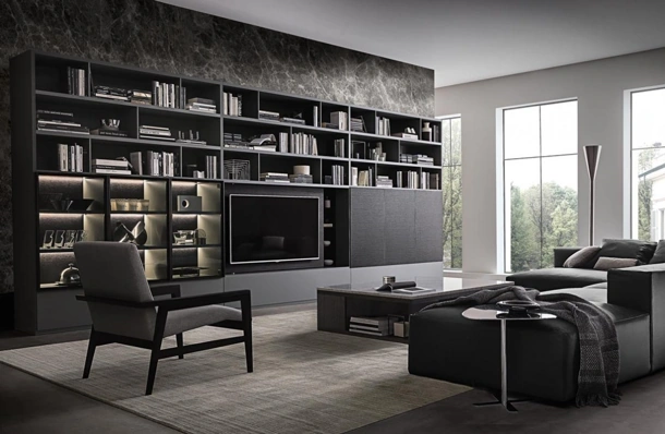 Libreria Flexus composizione 07 in Rovere termocotto e laccato Grigio opaco di Giellesse
