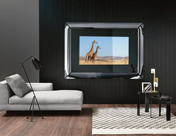 Mobile Specchio Porta Tv con cornice in vetro color titanio Caadre di Fiam