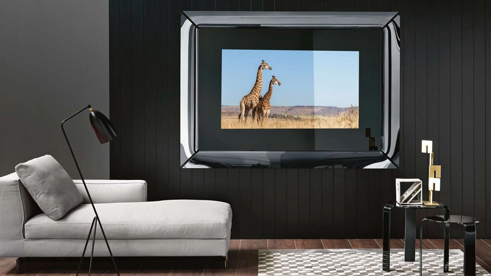 Mobile Specchio Porta Tv con cornice in vetro color titanio Caadre di Fiam