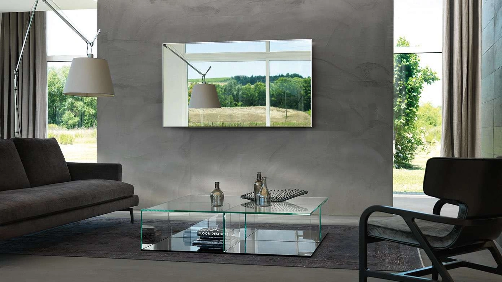 Mobile Specchio Porta Tv Mirage in vetro con retrocornice in alluminio di Fiam