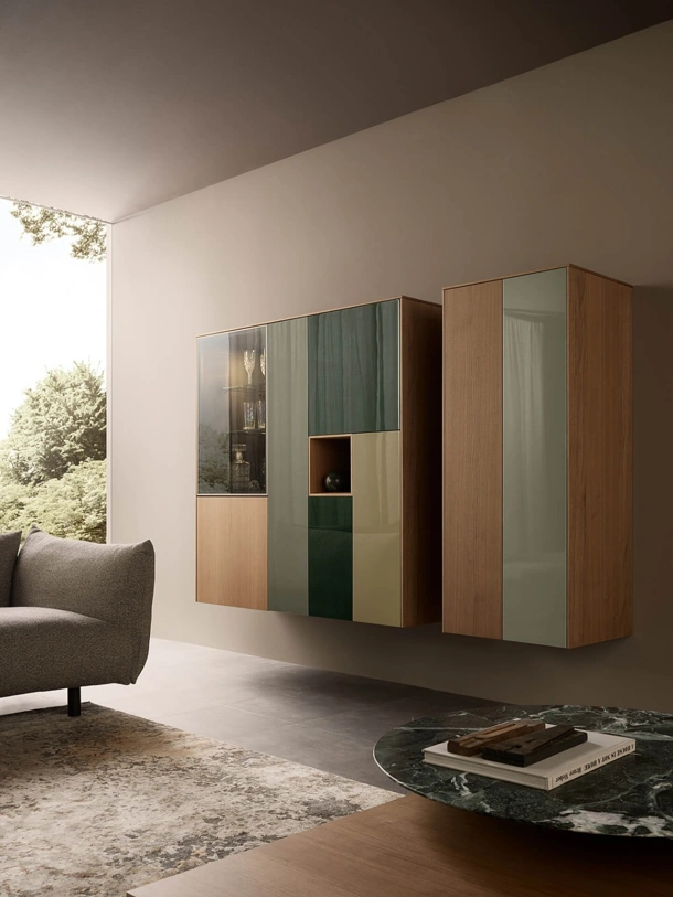 Mobile sospeso Sistema LT40 Mix Laccati lucidi e legno di Lema