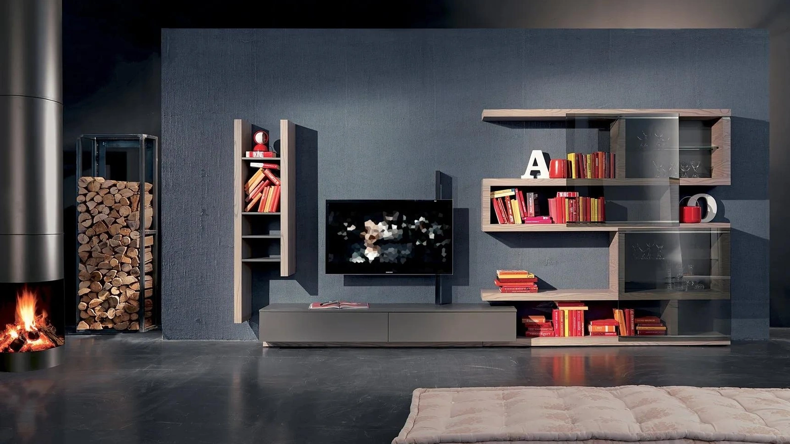Parete Attrezzata con porta TV orientabile Side 08 in laccato opaco e legno di Fimar