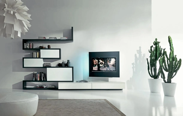 Parete Attrezzata Side 09 in finitura rovere vivo laccato nero e laccato inverno opaco con ante scorrevoli in vetro satinato laccato inverno di Fimar