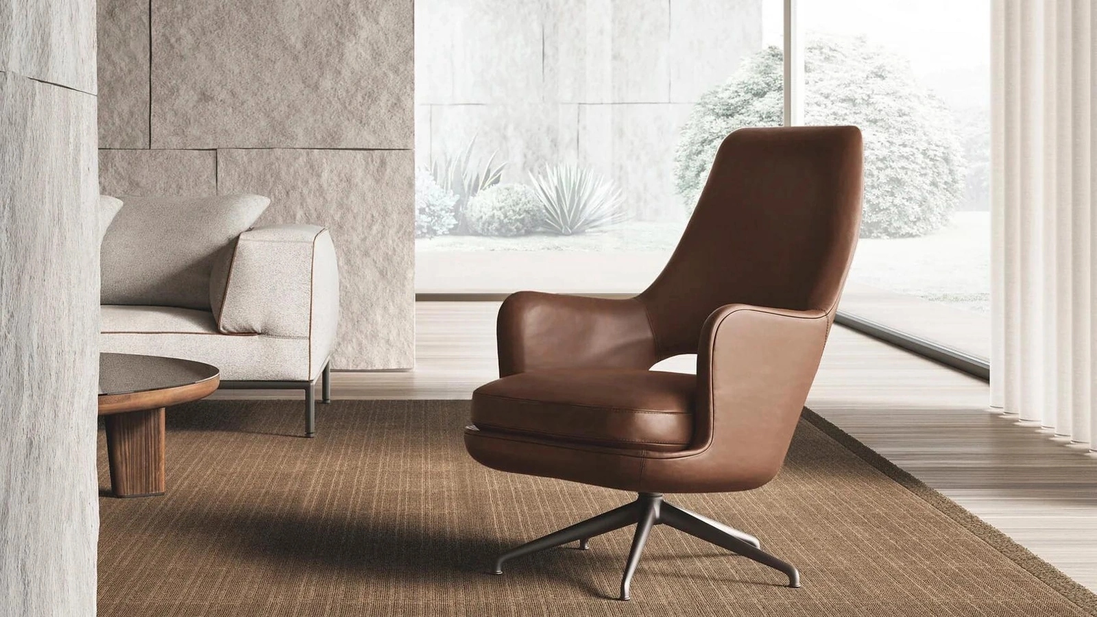Poltrona Eliseo in pelle con base girevole in alluminio di Flexform