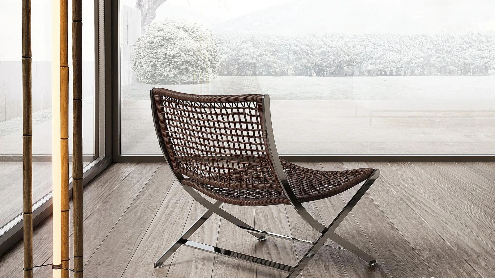 Poltroncina in cuoio intrecciato con struttura in metallo Peter di Flexform