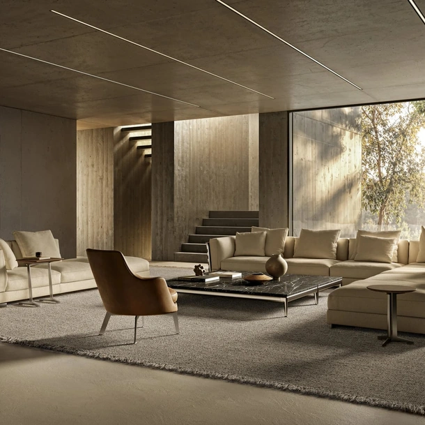 Divano ad angolo Cestone in tessuto imbottito con struttura in cuoio di Flexform