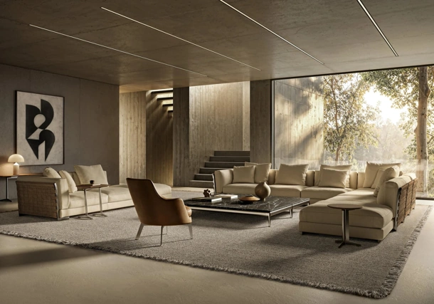 Divano ad angolo Cestone in tessuto imbottito con struttura in cuoio di Flexform