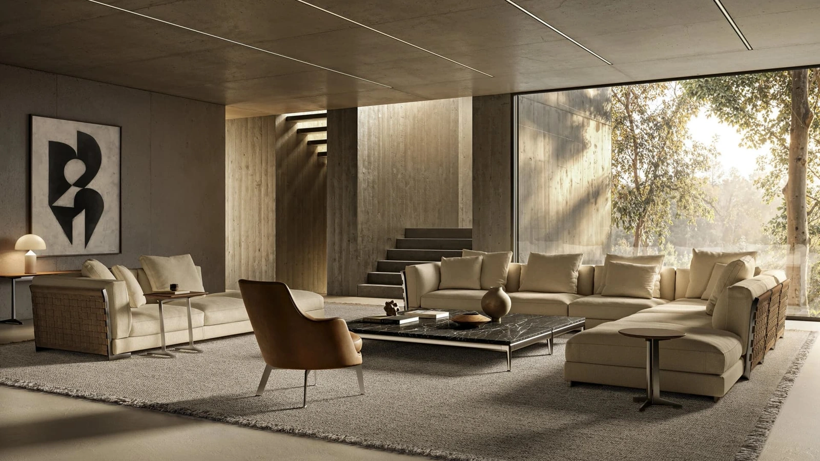 Divano ad angolo Cestone in tessuto imbottito con struttura in cuoio di Flexform