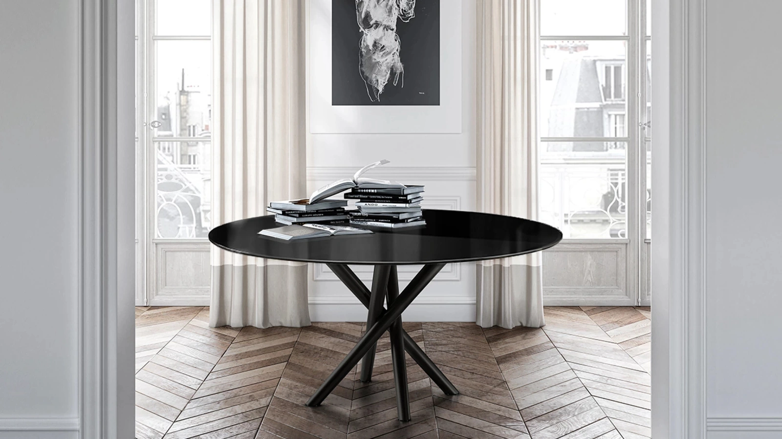 Tavolo rotondo Baly con top in cristallo di Eforma