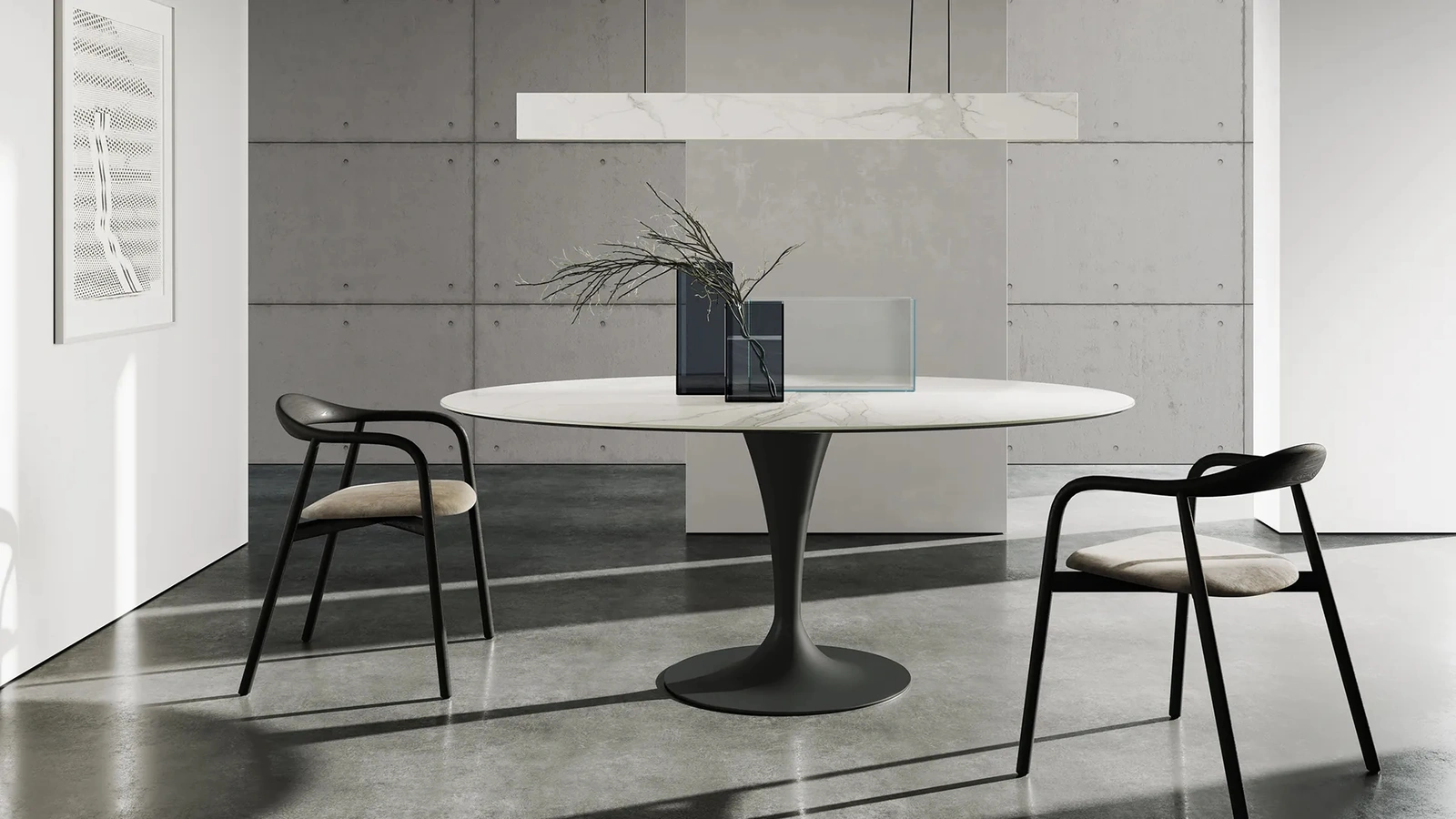 Tavolo Flûte ellittico dalla linea elegante con top in ceramica di Sovet