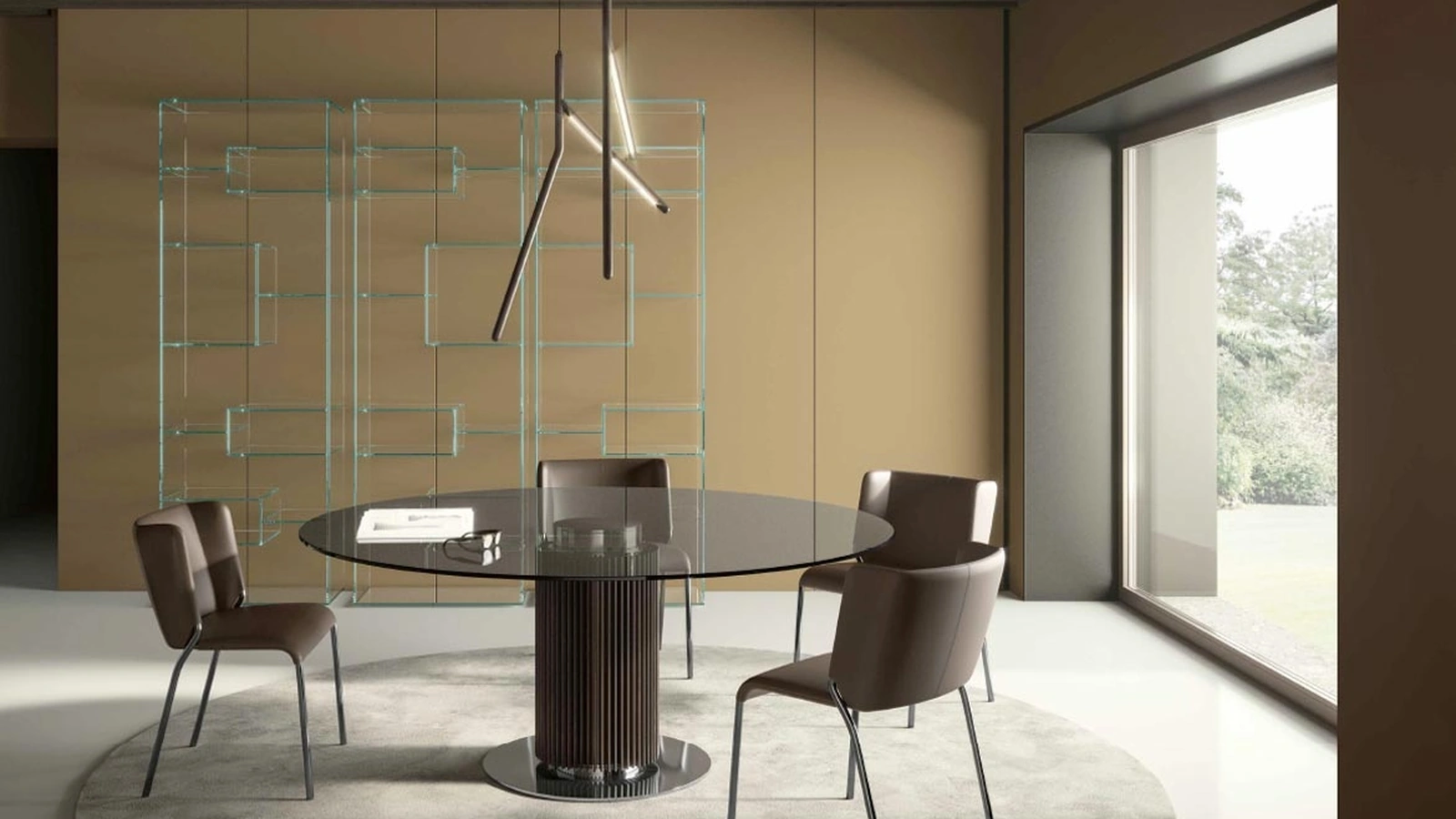 Tavolo in vetro con basamento centrale composto da listelli in legno massello Hybrid di Tonelli