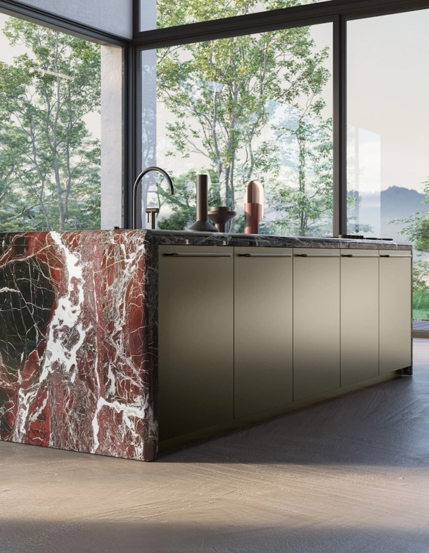 Cucina Design Antis Project 1 in laccato metallizzato Bronzo e marmo Rosso Lepanto lucido di Euromobil