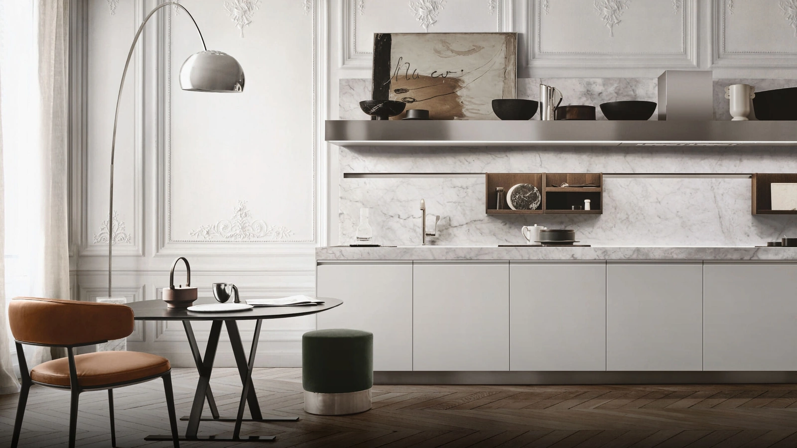Cucina Design lineare Beta in laccato Bianco e marmo di Arclinea