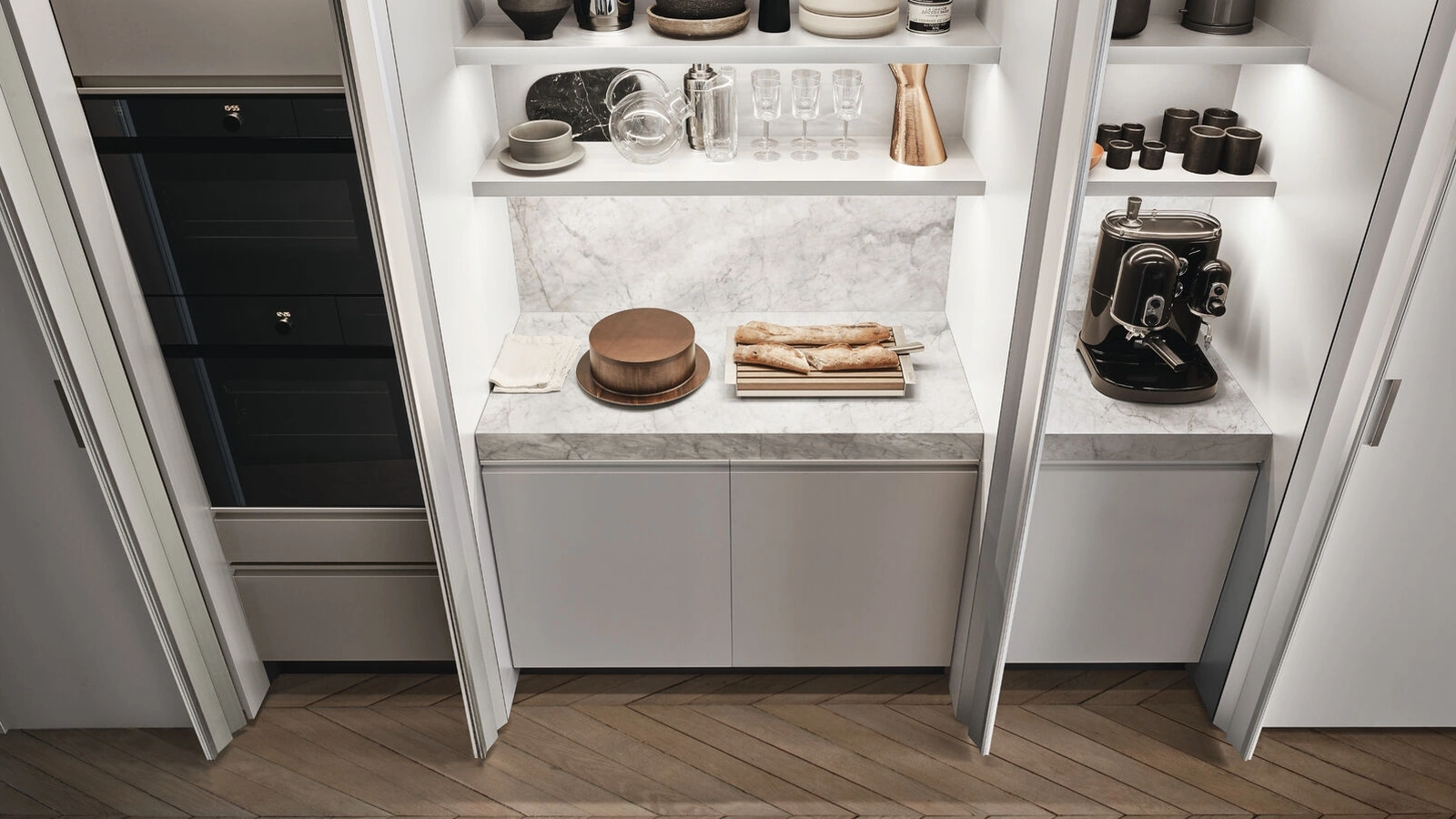 Cucina Design lineare Beta in laccato Bianco e marmo di Arclinea