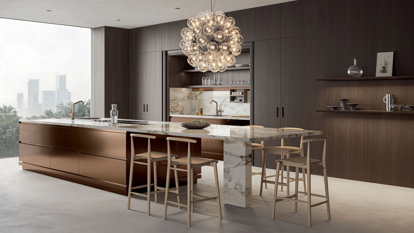 Cucina Design con isola Convivium e Lapis in acciaio, legno e marmo di Arclinea