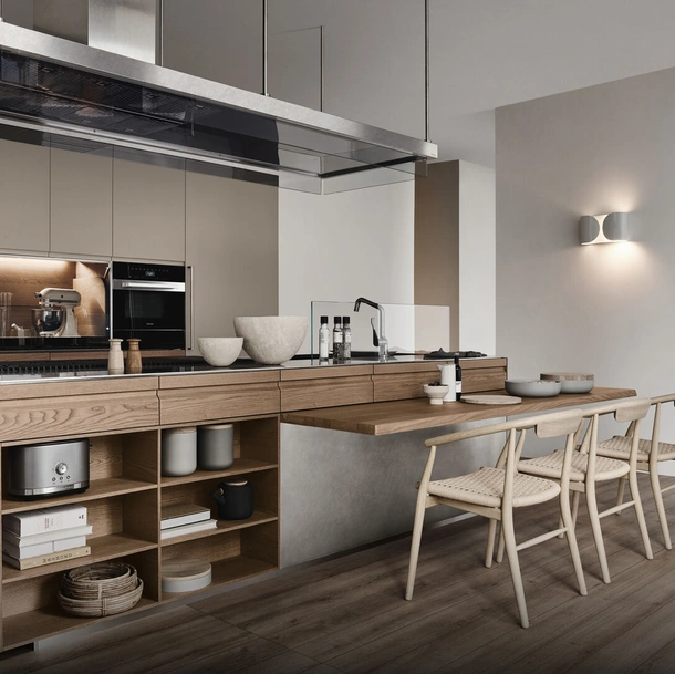Cucina Design in acciaio, legno e Fenix NTM® nocciola Convivium con snack integrato di Arclinea