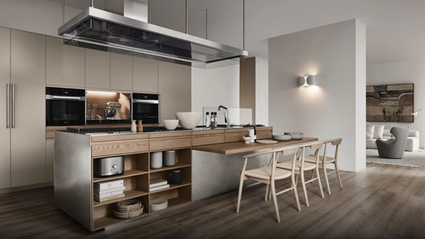 Cucina Design in acciaio, legno e Fenix NTM® nocciola Convivium con snack integrato di Arclinea