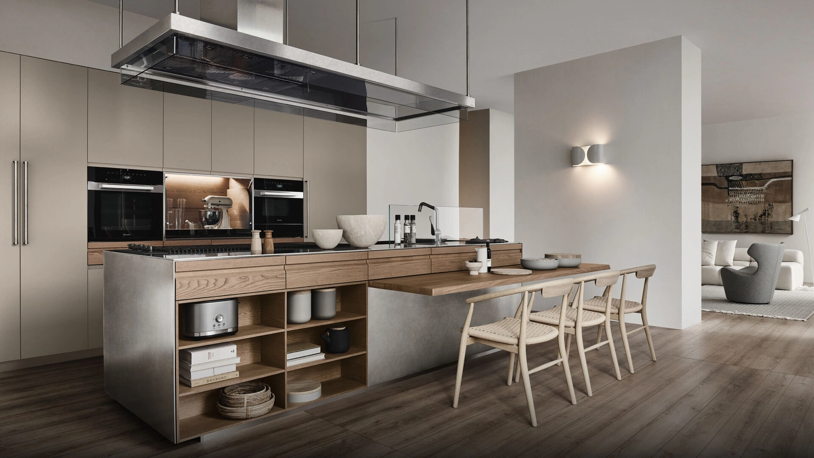 Cucina Design in acciaio, legno e Fenix NTM® nocciola Convivium con snack integrato di Arclinea
