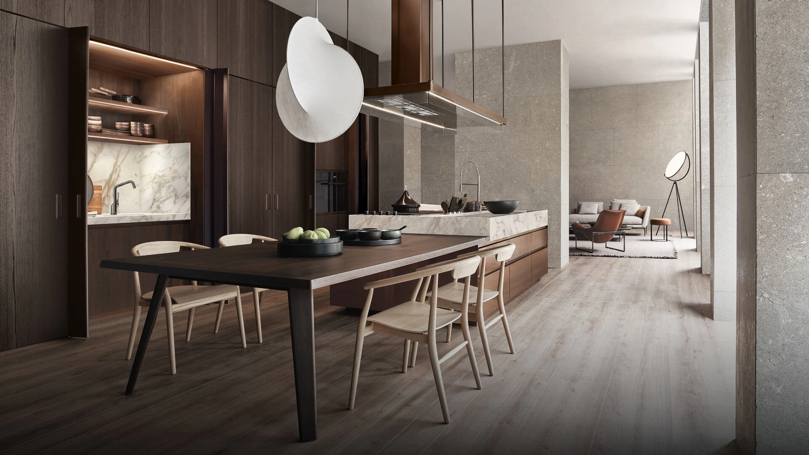 Cucina Design in legno, acciaio e marmo Convivium con tavolo integrato di Arclinea