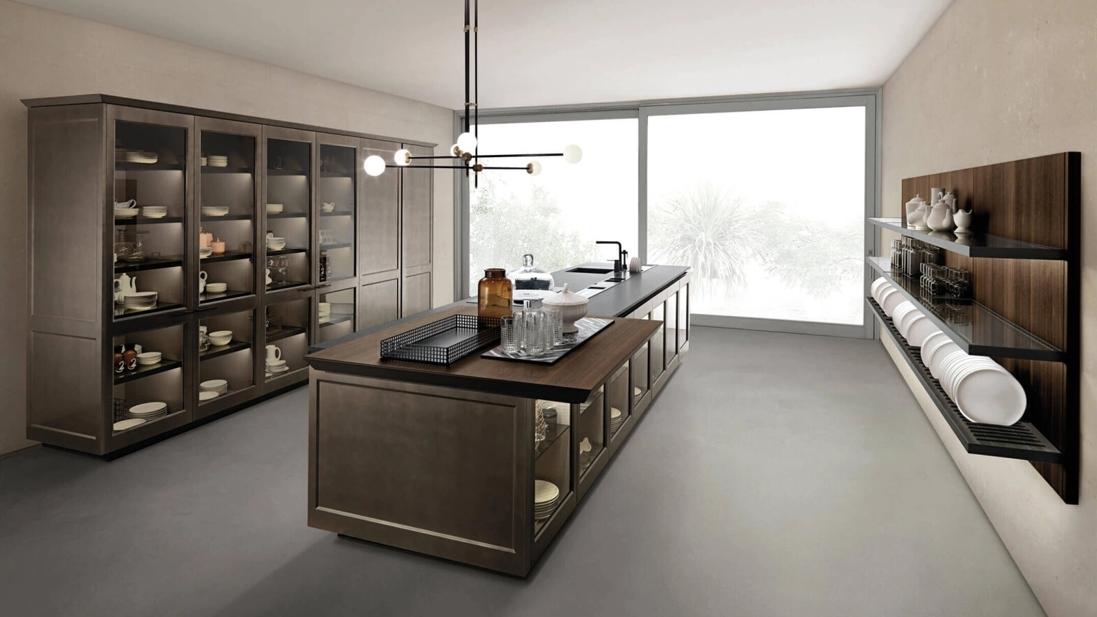 Cucina Design Filò Project 2 con isola in laccato opaco ossidato e vetro di Euromobil