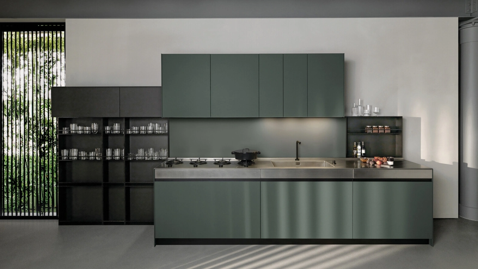 Cucina Design lineare Sei Project 2 in laminato Fenix e top in acciaio invecchiato di Euromobil