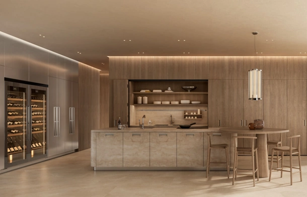Cucina Design con isola Kora in marmo e legno di Arclinea