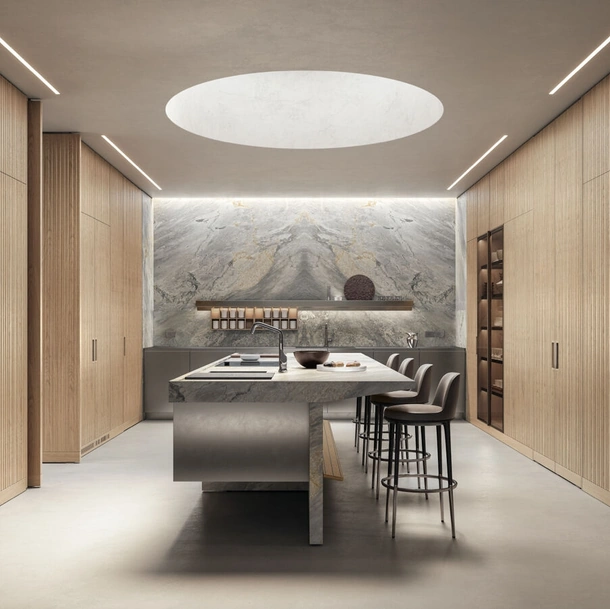 Cucina Design con isola Lignum et Lapis in legno, acciaio e marmo di Arclinea