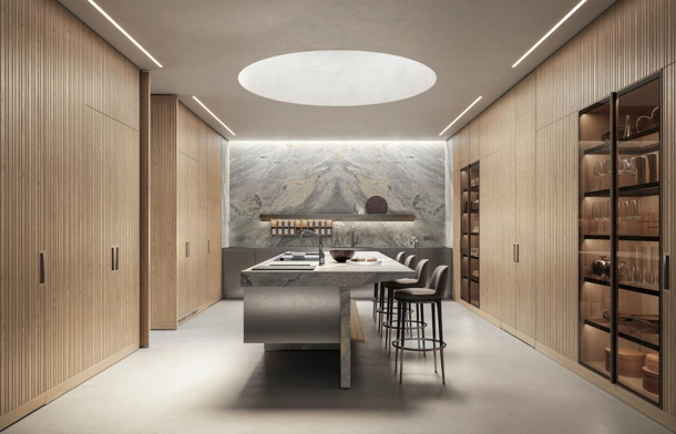 Cucina Design con isola Lignum et Lapis in legno, acciaio e marmo di Arclinea
