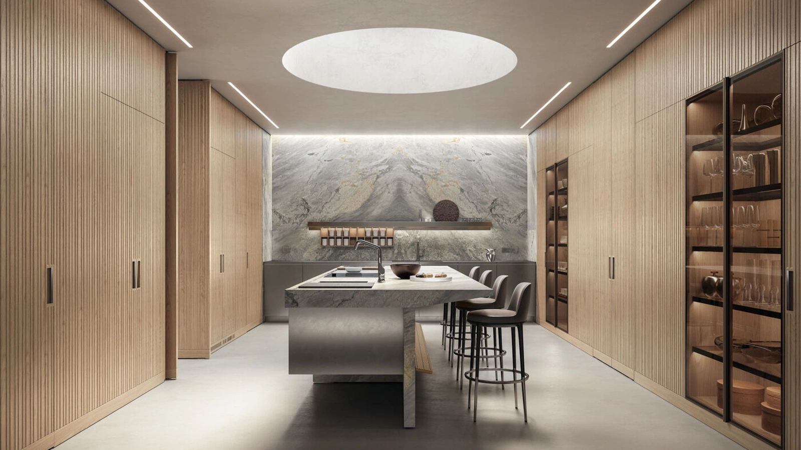 Cucina Design con isola Lignum et Lapis in legno, acciaio e marmo di Arclinea