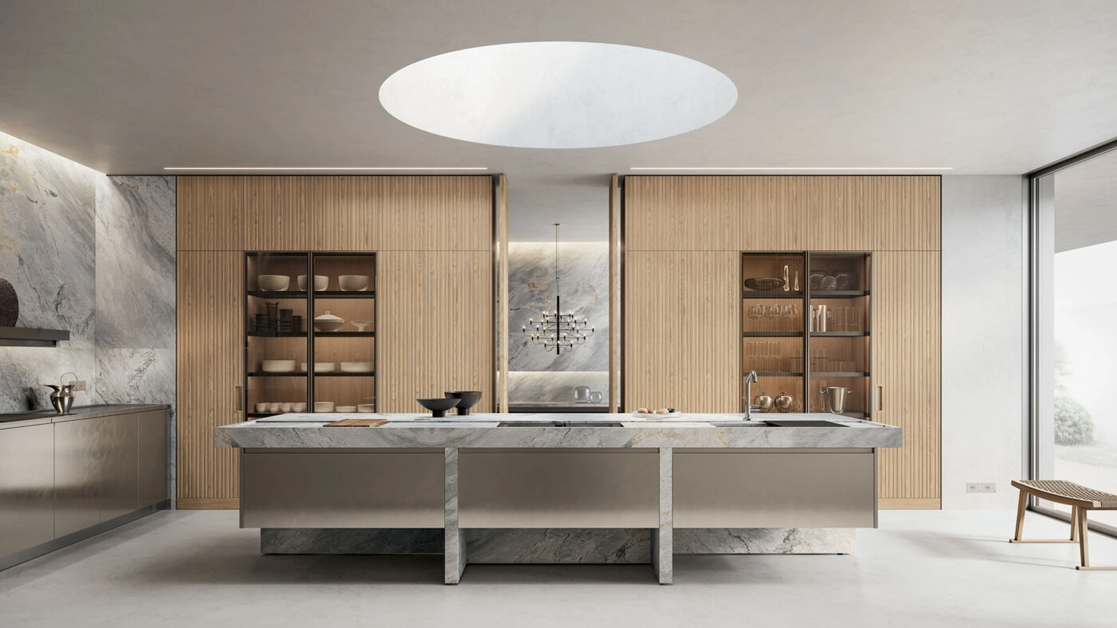 Cucina Design con isola Lignum et Lapis in acciaio, legno e marmo di Arclinea