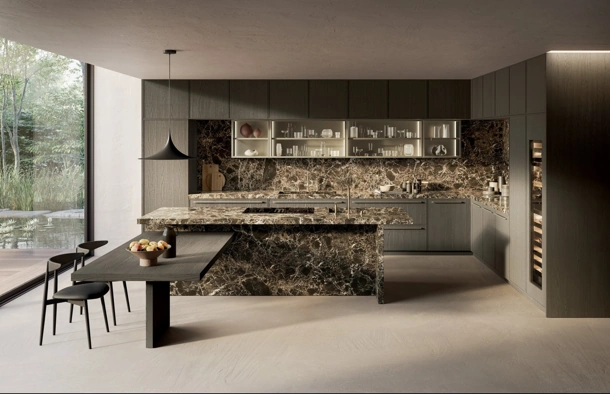 Cucina Design Margo Project 3 in Rovere sabbiato Piombo e marmo Emperador lucido di Euromobil