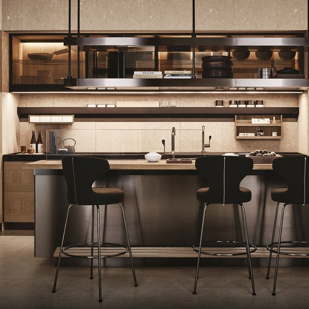 Cucina Design in legno e acciaio con penisola Principia e Convivium di Arclinea
