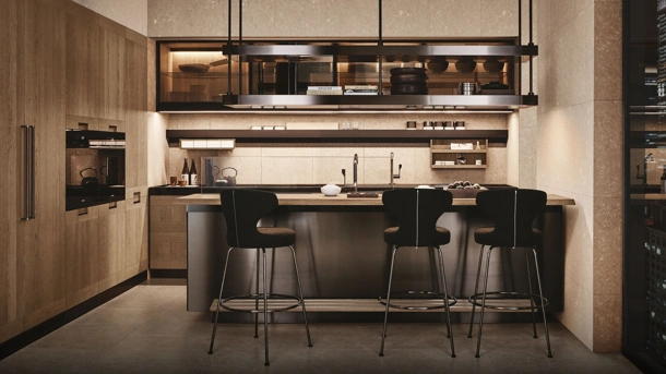 Cucina Design in legno e acciaio con penisola Principia e Convivium di Arclinea