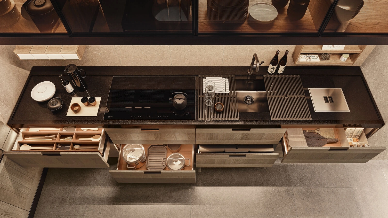Cucina Design in legno e acciaio con penisola Principia e Convivium di Arclinea