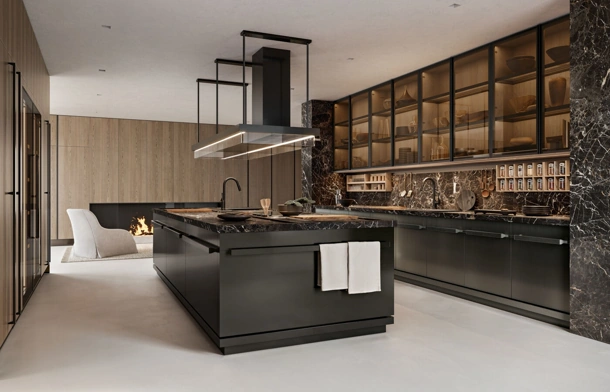 Cucina Design con isola Proxima in acciaio inox con top e schienale in marmo di Arclinea